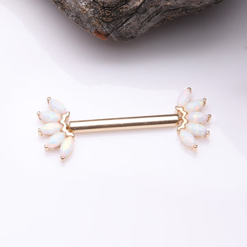 Detail View 1 of A Pair of 14 Karat Gold OneFit Threadless Marquise Fire Opal Floral Nipple Barbell-White Opal